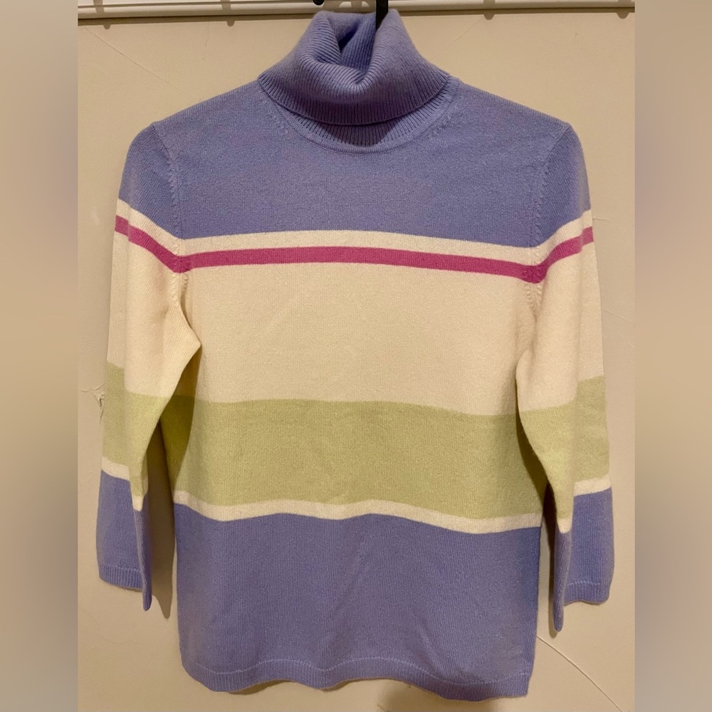 Ann Taylor Cashmere Turtleneck Sweater in Blue, Cream, and Green